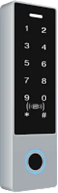 Teclado de control de acceso con lector de huella digital integrado.
